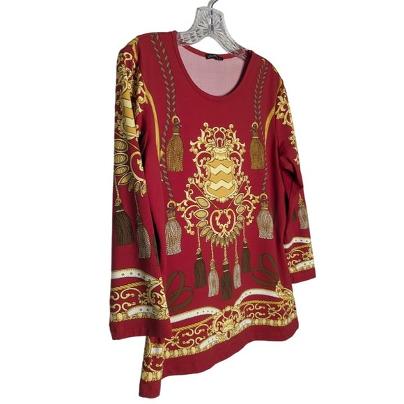 J McLaughlin red gold Medallion Tassel‎ Print Catalina cloth Top size M - Picture 3 of 10
